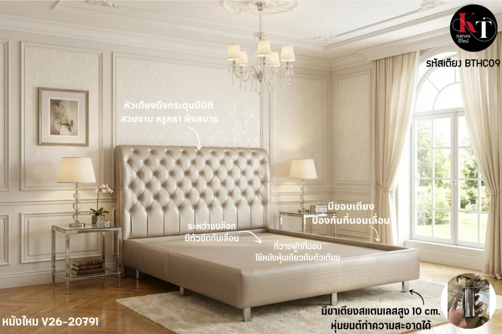 เตียงสวยหรู เตียงหุ้มหนัง เตียงดึงกระดุม
